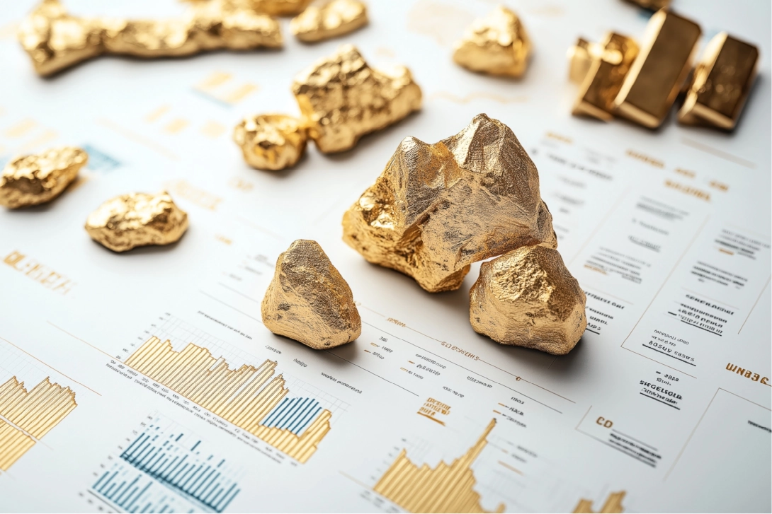 Minerali d'oro su fogli riportanti dati statistici